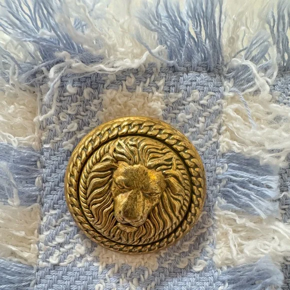 BALMAIN Blue & White Frayed gingham cotton-blend tweed Mini Dress FR36